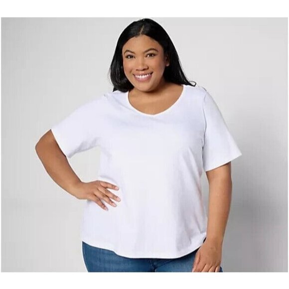 Denim & Co. Essentials True Cotton Jersey V-Neck Top White,XS - Picture 1 of 1